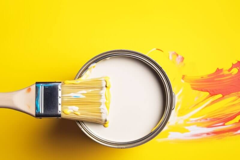 Bright yellow exterior paint and brush.