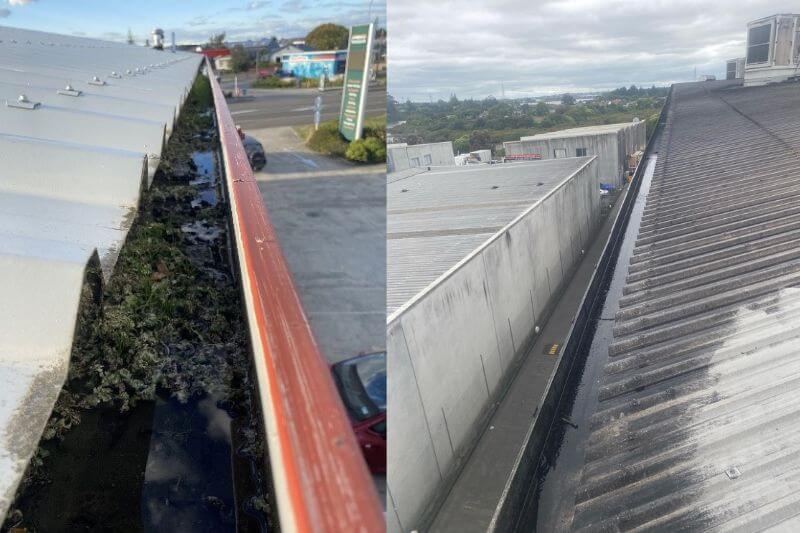 Before and after photos of professional gutter cleaning by Rapid Facilities