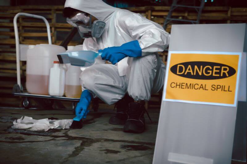 Chemical spill sign with industrial cleaner