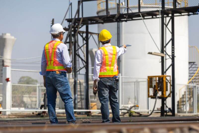 Two men inspecting industrial site